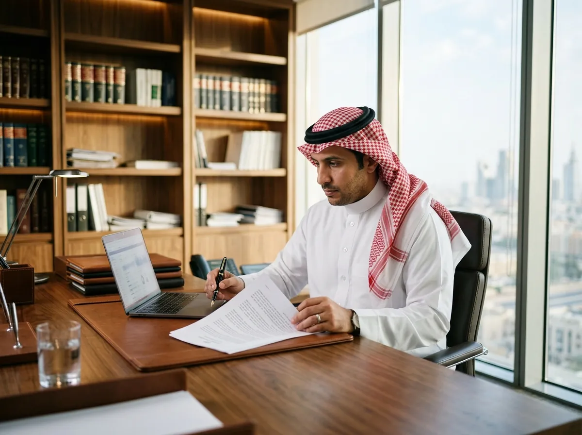 محامٍ سعودي يراجع نصوص أنظمة على شاشة حاسوب محمول في مكتبه