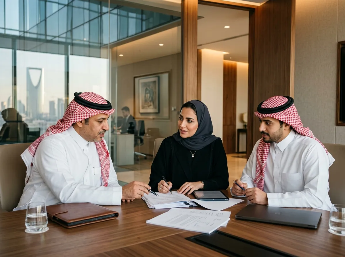 فريق قانوني داخل شركة سعودية يناقش مراجعة عقد في قاعة اجتماعات
