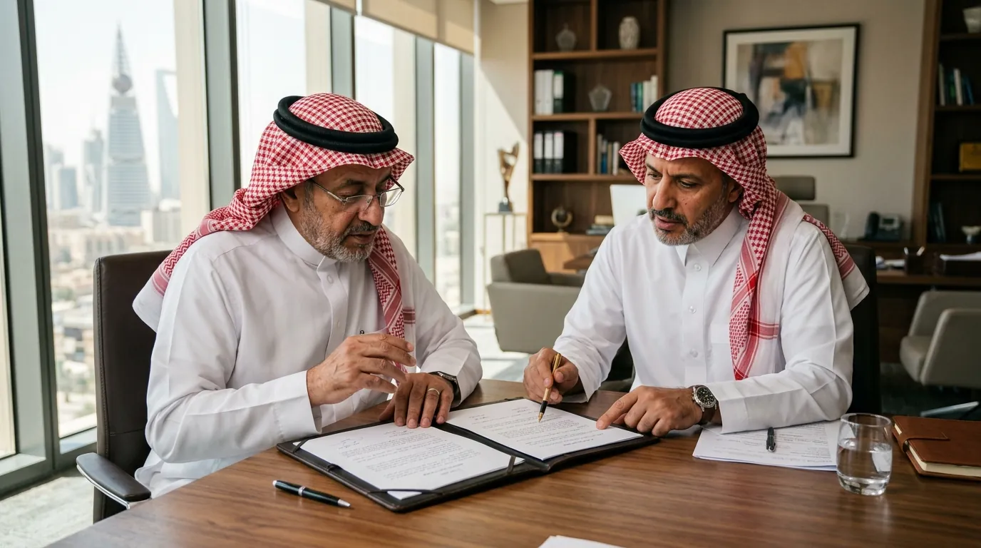 شريكان قانونيان سعوديان يتداولان حول فحص مذكرة الخصم القضائية