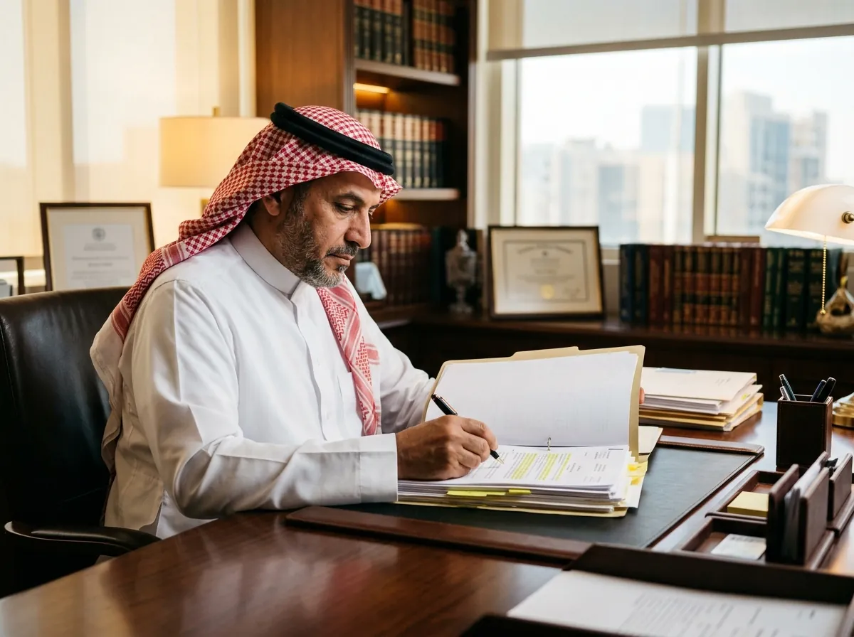 محامٍ سعودي يعمل بتركيز على ملف قضية في مكتب محاماة بالرياض