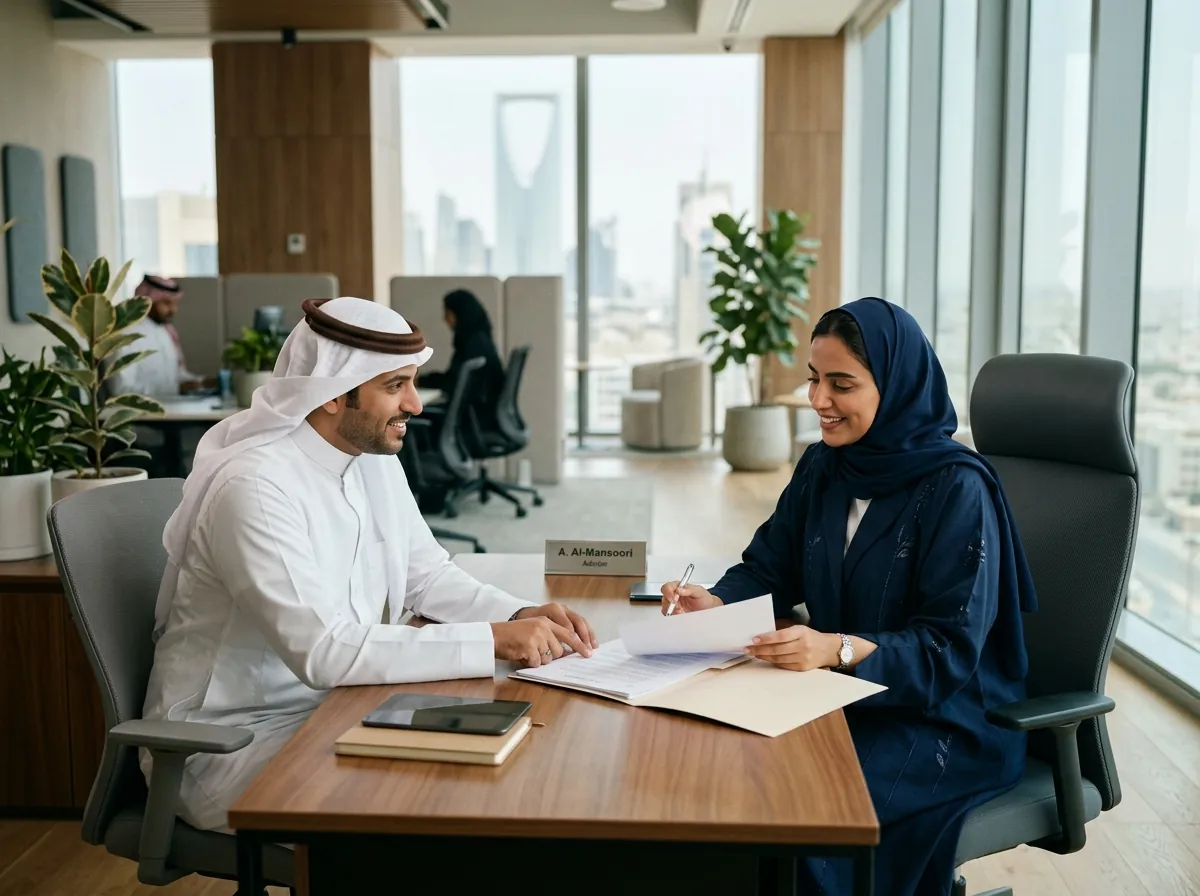 مواطنة سعودية تتشاور مع مستشار حول عقد عملها وحقوق نهاية الخدمة في الرياض
