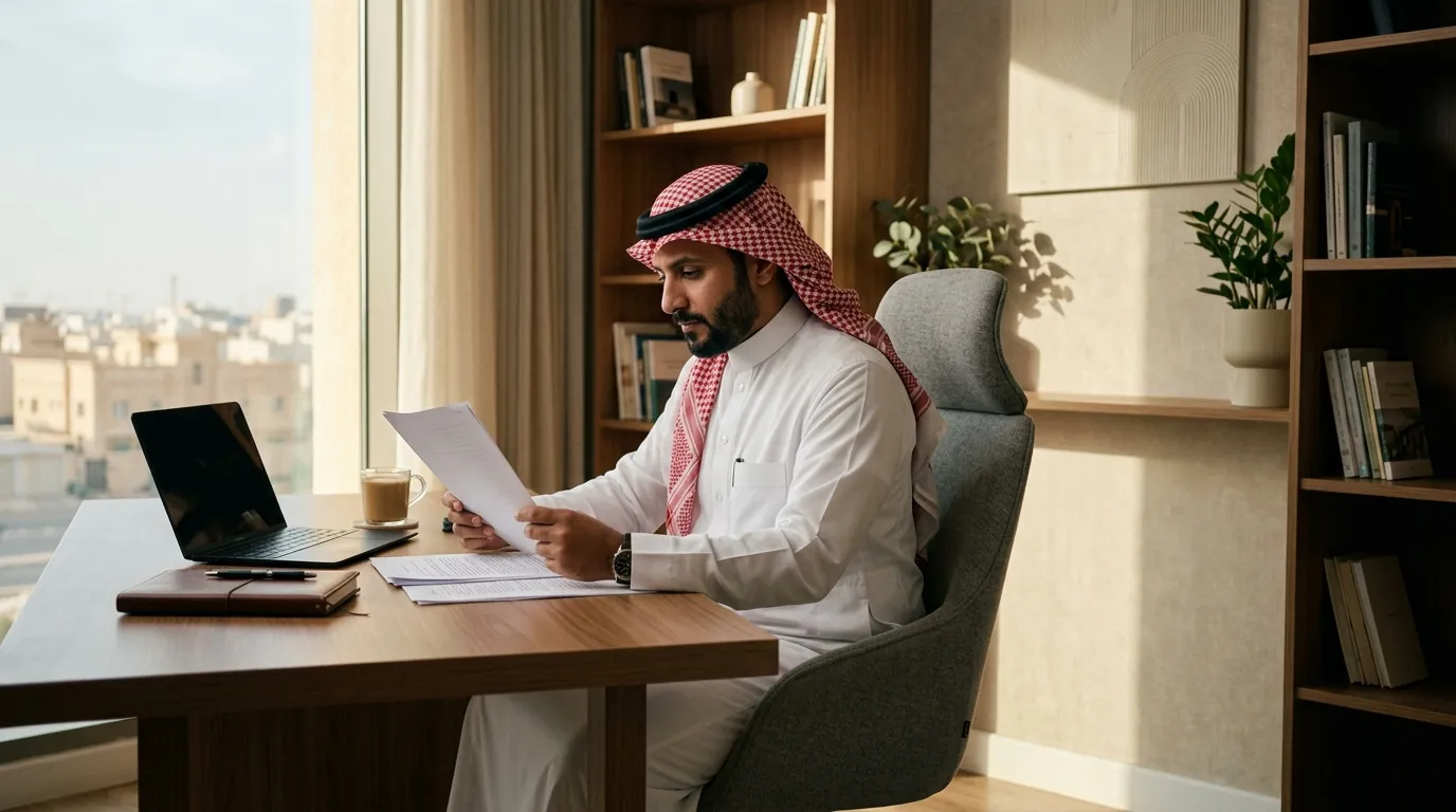 مواطن سعودي يقرأ وثائق رسمية في مكتبه المنزلي بالرياض