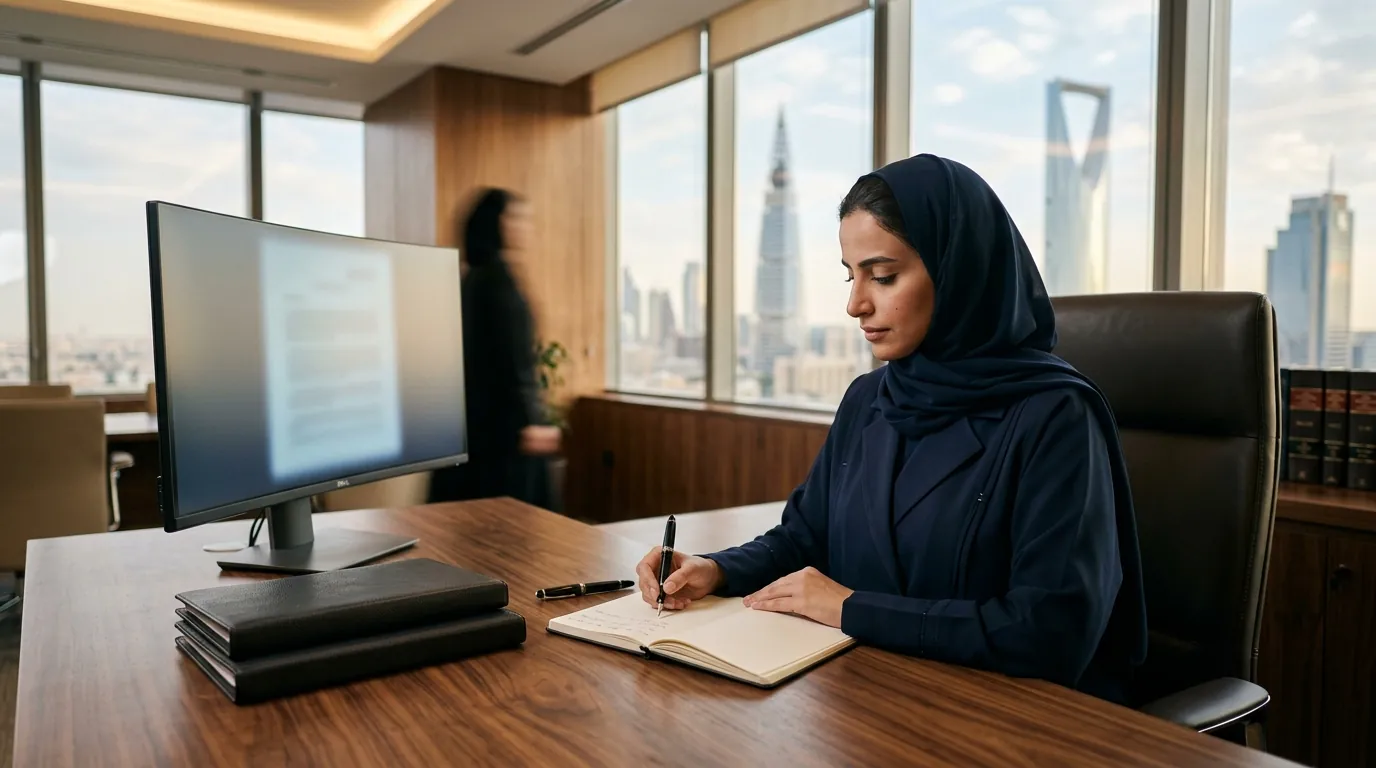 مستشارة قانونية سعودية تدقق بنود عقد تشغيلي متعدد الأطراف في الرياض