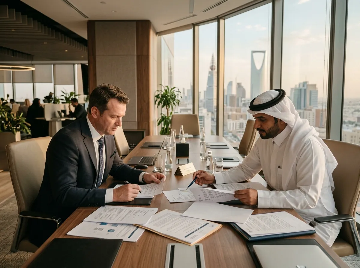 مستثمر أجنبي وشريك سعودي يراجعان اتفاقية مشاريع مشتركة في مكتب الرياض