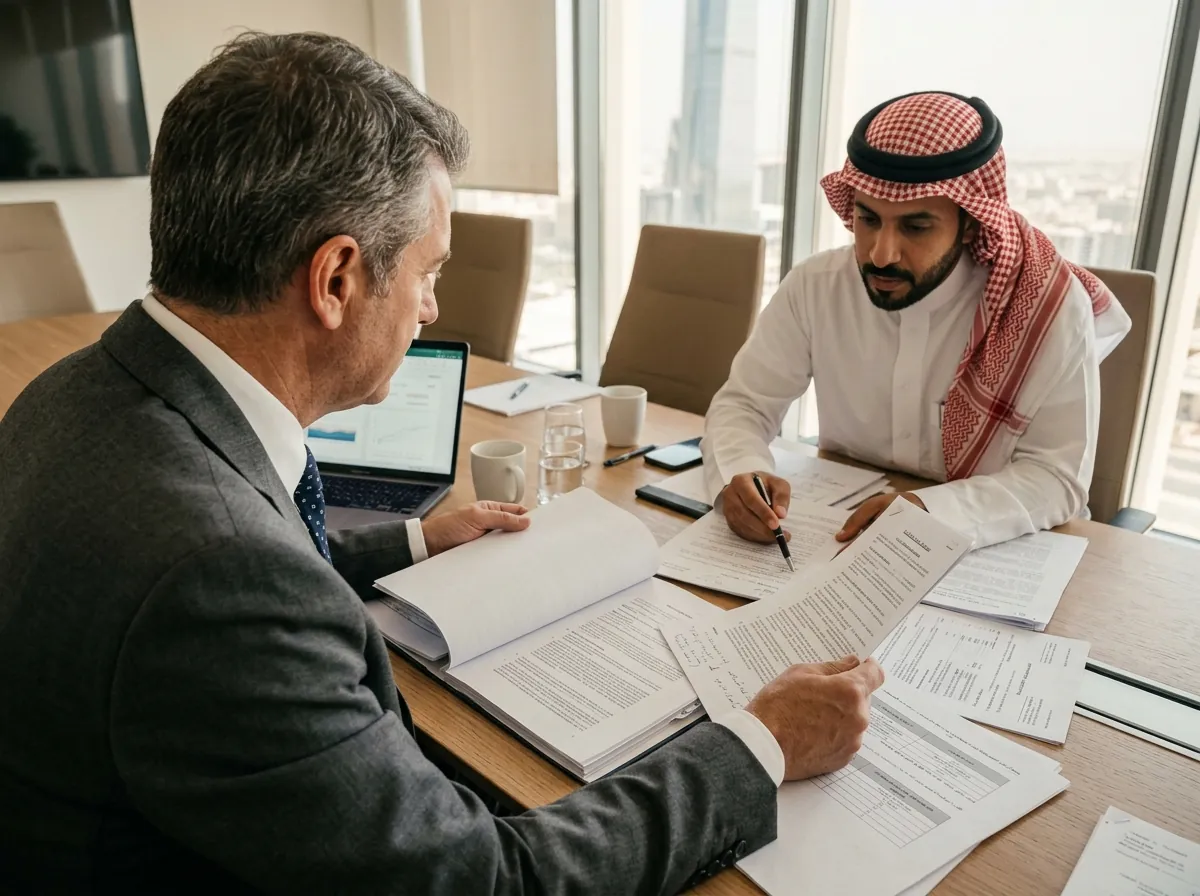 مستثمر أجنبي وشريكه السعودي يراجعان وثائق تأسيس شركة في مكتب بالرياض